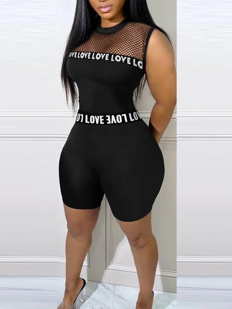 Fashion 2025 New Sexy 2 Pieces Sets Women Suits Letter Band Patch Fishnet Design Top & Shorts Set Feamle Clothes Black Outfits - MAGUSTA BEAUTY