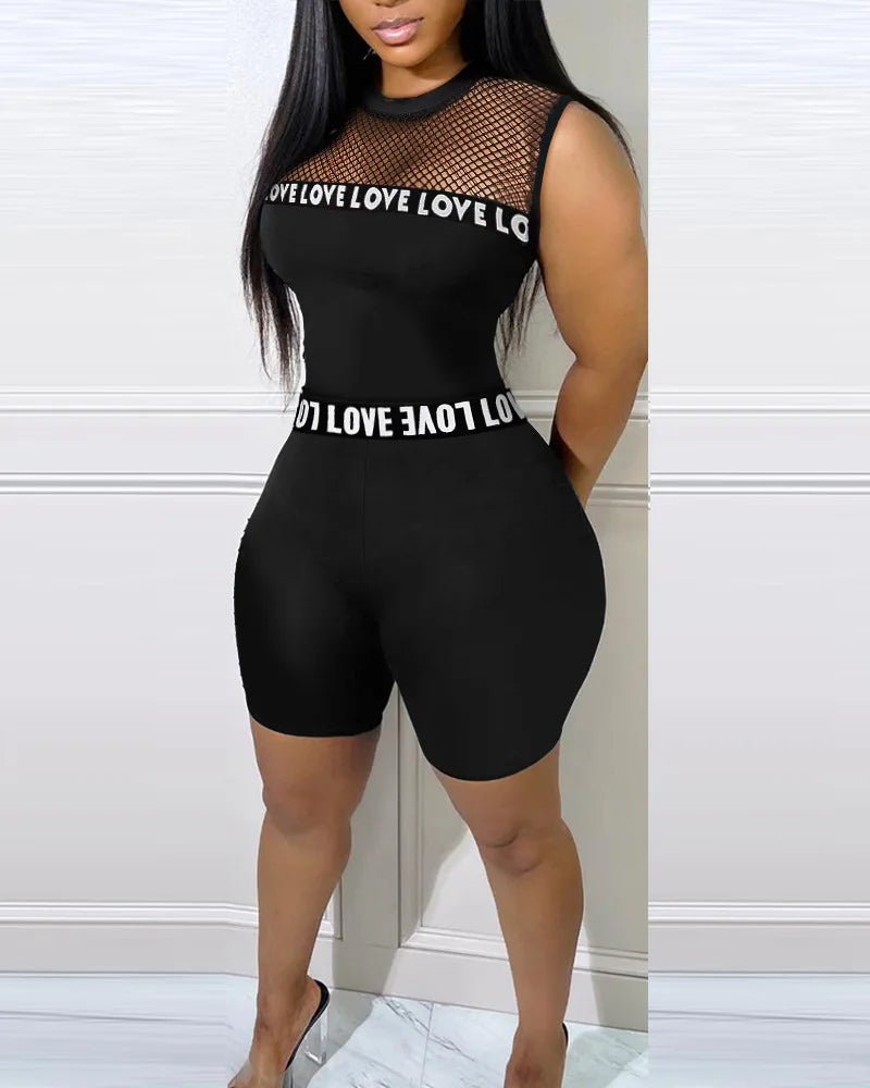 Fashion 2025 New Sexy 2 Pieces Sets Women Suits Letter Band Patch Fishnet Design Top & Shorts Set Feamle Clothes Black Outfits - MAGUSTA BEAUTY