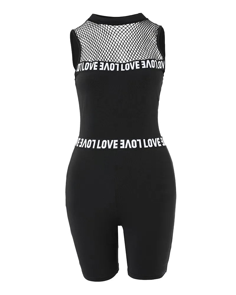 Fashion 2025 New Sexy 2 Pieces Sets Women Suits Letter Band Patch Fishnet Design Top & Shorts Set Feamle Clothes Black Outfits - MAGUSTA BEAUTY