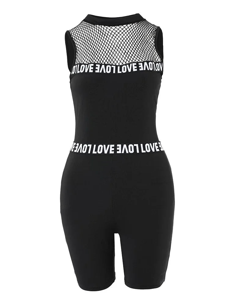 Fashion 2025 New Sexy 2 Pieces Sets Women Suits Letter Band Patch Fishnet Design Top & Shorts Set Feamle Clothes Black Outfits - MAGUSTA BEAUTY
