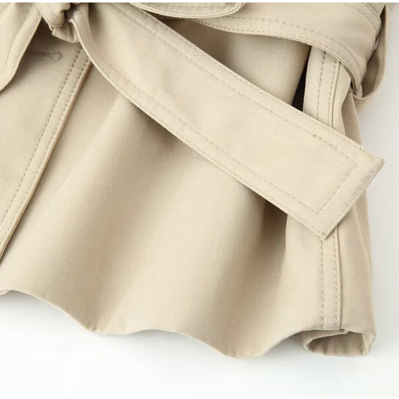 Fashion Belt Short Trench Coat Women Stand Collar Double Breasted Pocket Long Sleeve Coats 2025 Autumn Lady Commute Chic Outwear - MAGUSTA BEAUTY