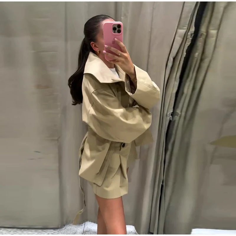 Fashion Belt Short Trench Coat Women Stand Collar Double Breasted Pocket Long Sleeve Coats 2025 Autumn Lady Commute Chic Outwear - MAGUSTA BEAUTY