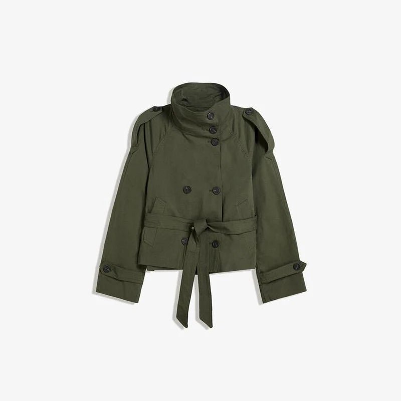 Fashion Belt Short Trench Coat Women Stand Collar Double Breasted Pocket Long Sleeve Coats 2025 Autumn Lady Commute Chic Outwear - MAGUSTA BEAUTY