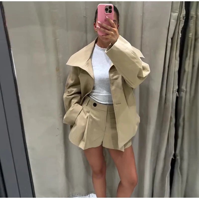 Fashion Belt Short Trench Coat Women Stand Collar Double Breasted Pocket Long Sleeve Coats 2025 Autumn Lady Commute Chic Outwear - MAGUSTA BEAUTY