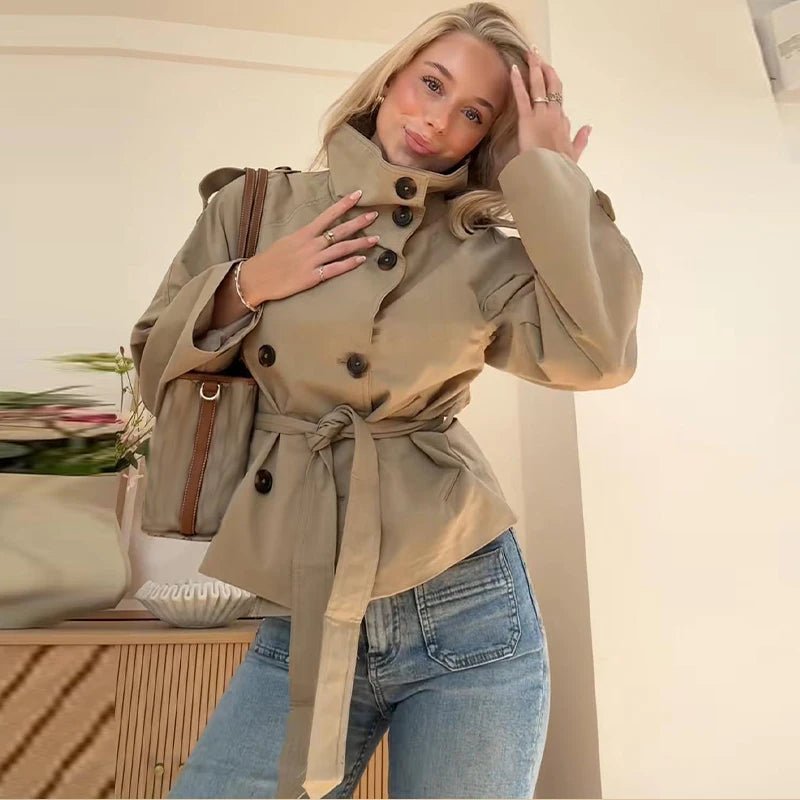 Fashion Belt Short Trench Coat Women Stand Collar Double Breasted Pocket Long Sleeve Coats 2025 Autumn Lady Commute Chic Outwear - MAGUSTA BEAUTY