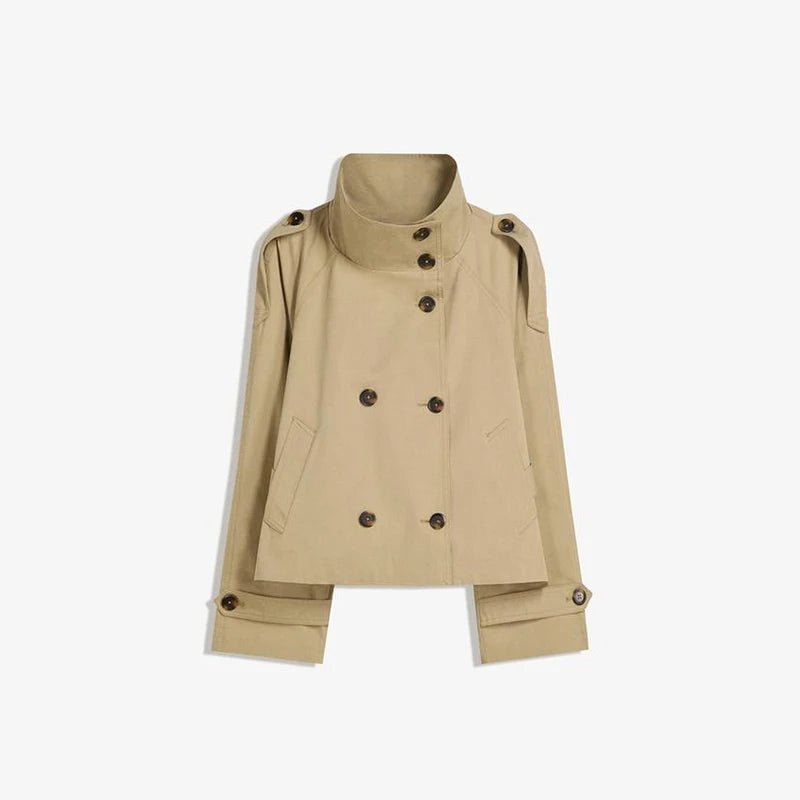 Fashion Belt Short Trench Coat Women Stand Collar Double Breasted Pocket Long Sleeve Coats 2025 Autumn Lady Commute Chic Outwear - MAGUSTA BEAUTY