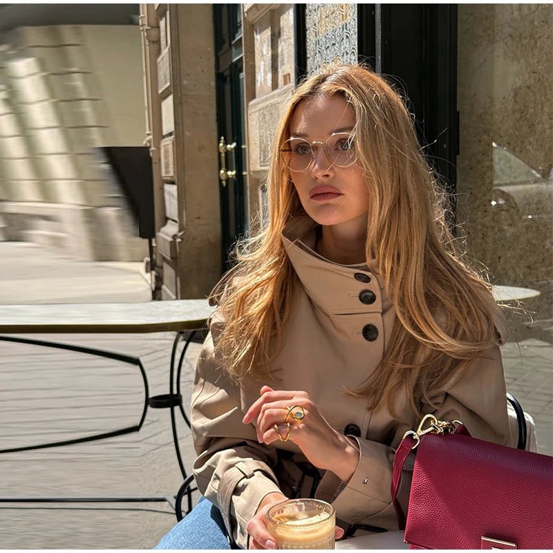 Fashion Belt Short Trench Coat Women Stand Collar Double Breasted Pocket Long Sleeve Coats 2025 Autumn Lady Commute Chic Outwear - MAGUSTA BEAUTY