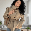 Fashion Belt Short Trench Coat Women Stand Collar Double Breasted Pocket Long Sleeve Coats 2025 Autumn Lady Commute Chic Outwear - MAGUSTA BEAUTY