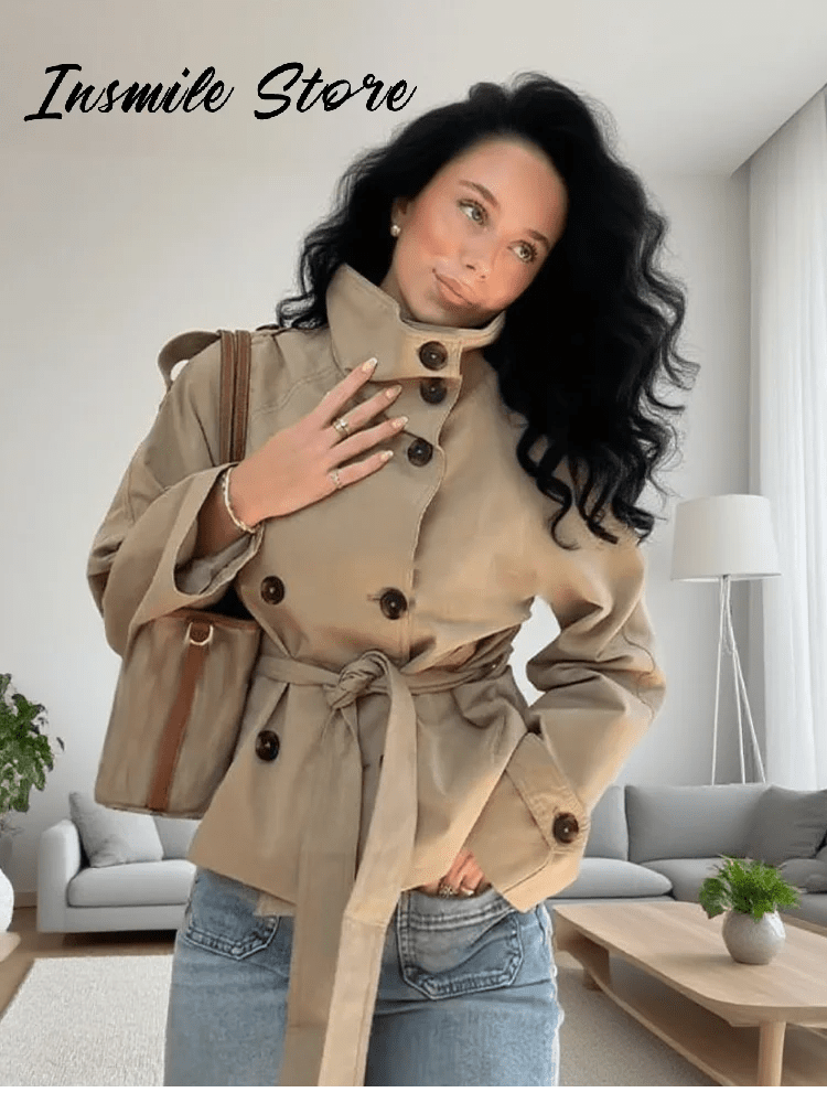 Fashion Belt Short Trench Coat Women Stand Collar Double Breasted Pocket Long Sleeve Coats 2025 Autumn Lady Commute Chic Outwear - MAGUSTA BEAUTY