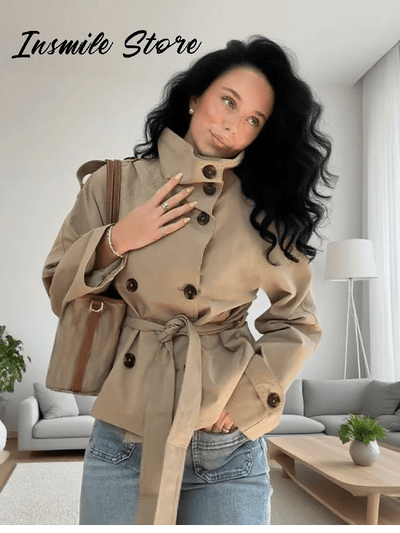 Fashion Belt Short Trench Coat Women Stand Collar Double Breasted Pocket Long Sleeve Coats 2025 Autumn Lady Commute Chic Outwear - MAGUSTA BEAUTY