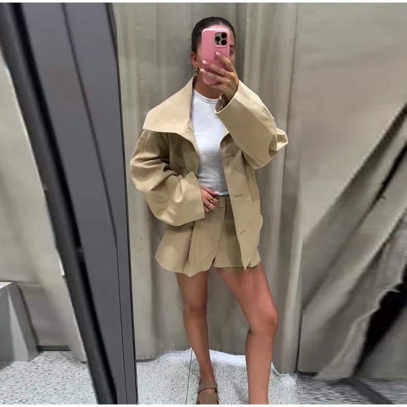 Fashion Belt Short Trench Coat Women Stand Collar Double Breasted Pocket Long Sleeve Coats 2025 Autumn Lady Commute Chic Outwear - MAGUSTA BEAUTY