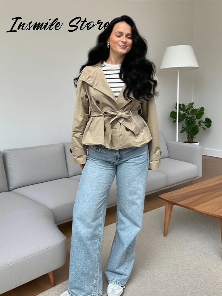 Fashion Belt Short Trench Coat Women Stand Collar Double Breasted Pocket Long Sleeve Coats 2025 Autumn Lady Commute Chic Outwear - MAGUSTA BEAUTY