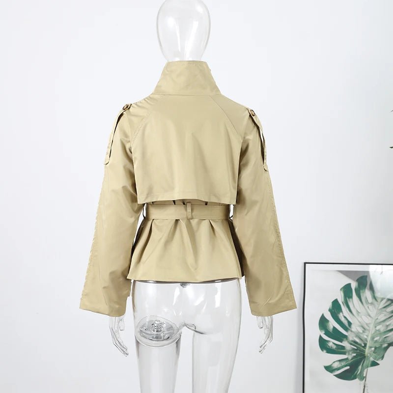 Fashion Belt Short Trench Coat Women Stand Collar Double Breasted Pocket Long Sleeve Coats 2025 Autumn Lady Commute Chic Outwear - MAGUSTA BEAUTY