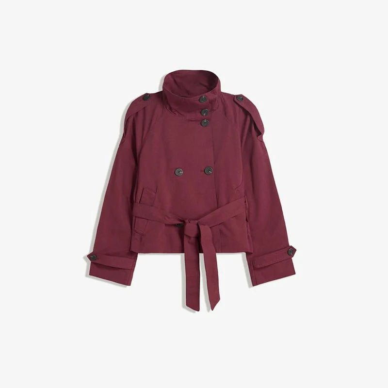 Fashion Belt Short Trench Coat Women Stand Collar Double Breasted Pocket Long Sleeve Coats 2025 Autumn Lady Commute Chic Outwear - MAGUSTA BEAUTY