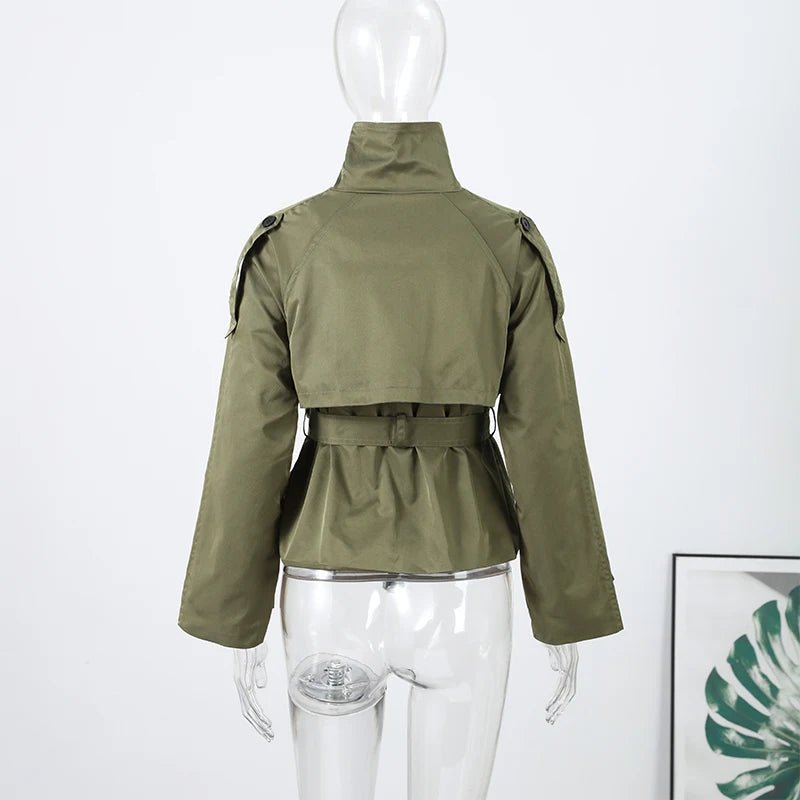Fashion Belt Short Trench Coat Women Stand Collar Double Breasted Pocket Long Sleeve Coats 2025 Autumn Lady Commute Chic Outwear - MAGUSTA BEAUTY