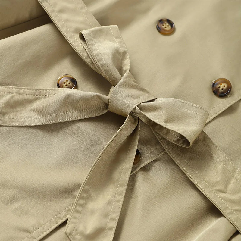 Fashion Belt Short Trench Coat Women Stand Collar Double Breasted Pocket Long Sleeve Coats 2025 Autumn Lady Commute Chic Outwear - MAGUSTA BEAUTY