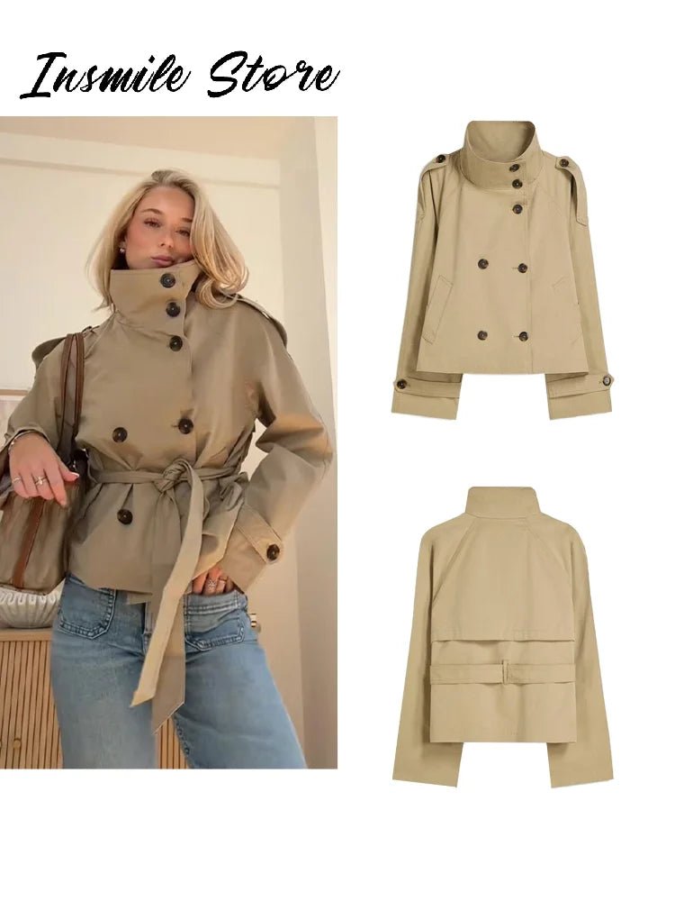 Fashion Belt Short Trench Coat Women Stand Collar Double Breasted Pocket Long Sleeve Coats 2025 Autumn Lady Commute Chic Outwear - MAGUSTA BEAUTY