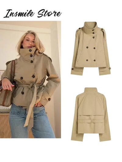 Fashion Belt Short Trench Coat Women Stand Collar Double Breasted Pocket Long Sleeve Coats 2025 Autumn Lady Commute Chic Outwear - MAGUSTA BEAUTY