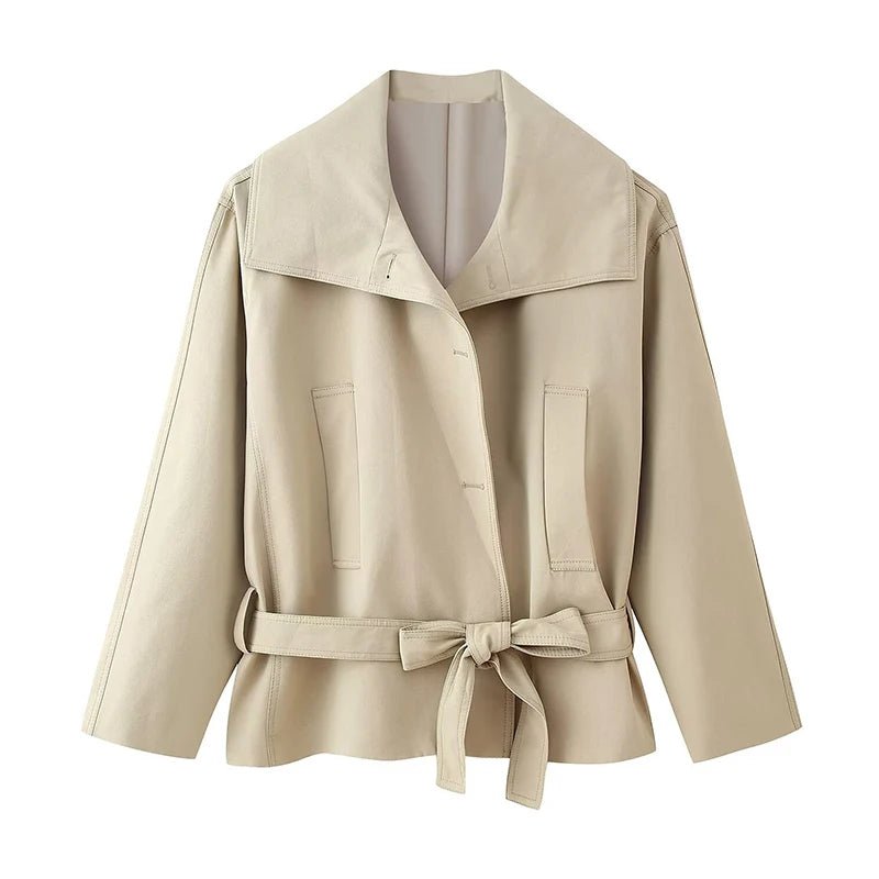 Fashion Belt Short Trench Coat Women Stand Collar Double Breasted Pocket Long Sleeve Coats 2025 Autumn Lady Commute Chic Outwear - MAGUSTA BEAUTY