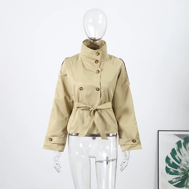 Fashion Belt Short Trench Coat Women Stand Collar Double Breasted Pocket Long Sleeve Coats 2025 Autumn Lady Commute Chic Outwear - MAGUSTA BEAUTY