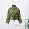 Fashion Belt Short Trench Coat Women Stand Collar Double Breasted Pocket Long Sleeve Coats 2025 Autumn Lady Commute Chic Outwear - MAGUSTA BEAUTY