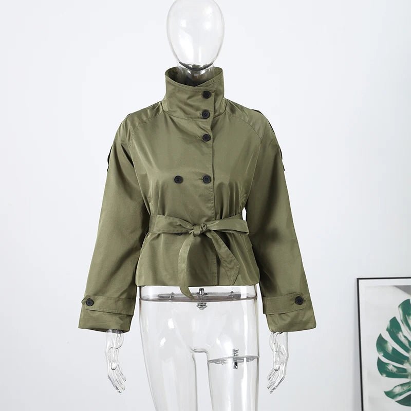 Fashion Belt Short Trench Coat Women Stand Collar Double Breasted Pocket Long Sleeve Coats 2025 Autumn Lady Commute Chic Outwear - MAGUSTA BEAUTY