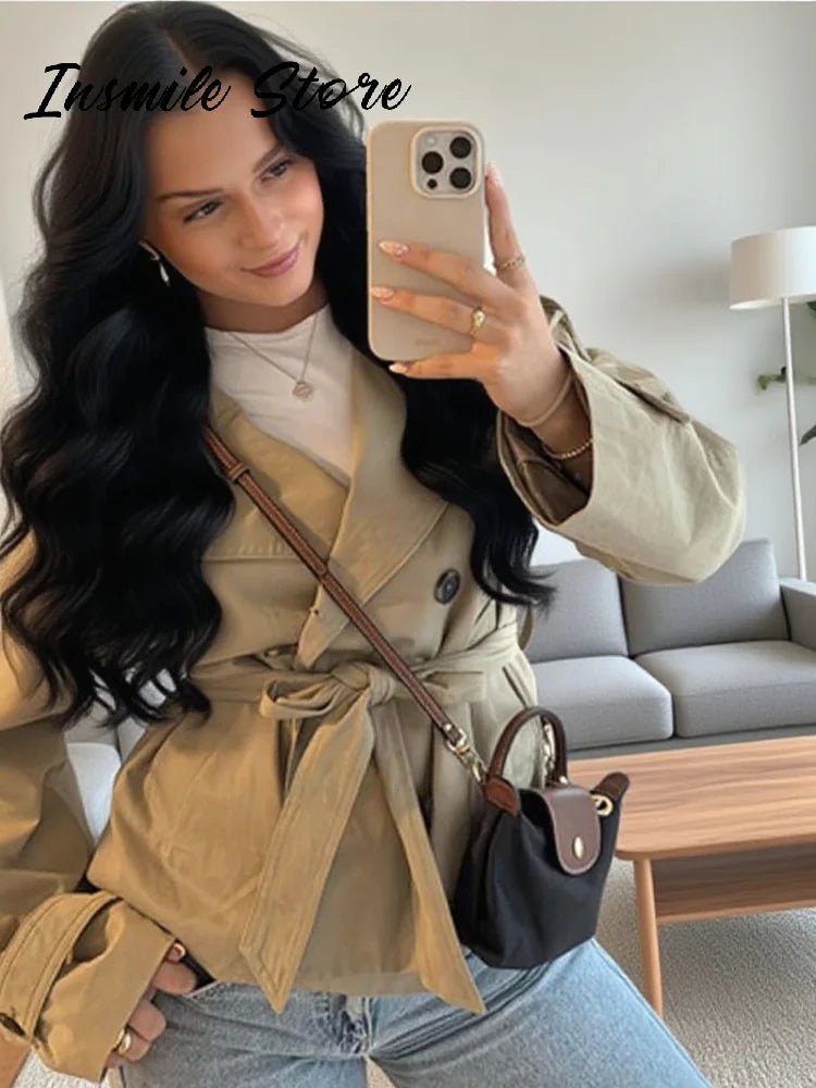 Fashion Belt Short Trench Coat Women Stand Collar Double Breasted Pocket Long Sleeve Coats 2025 Autumn Lady Commute Chic Outwear - MAGUSTA BEAUTY