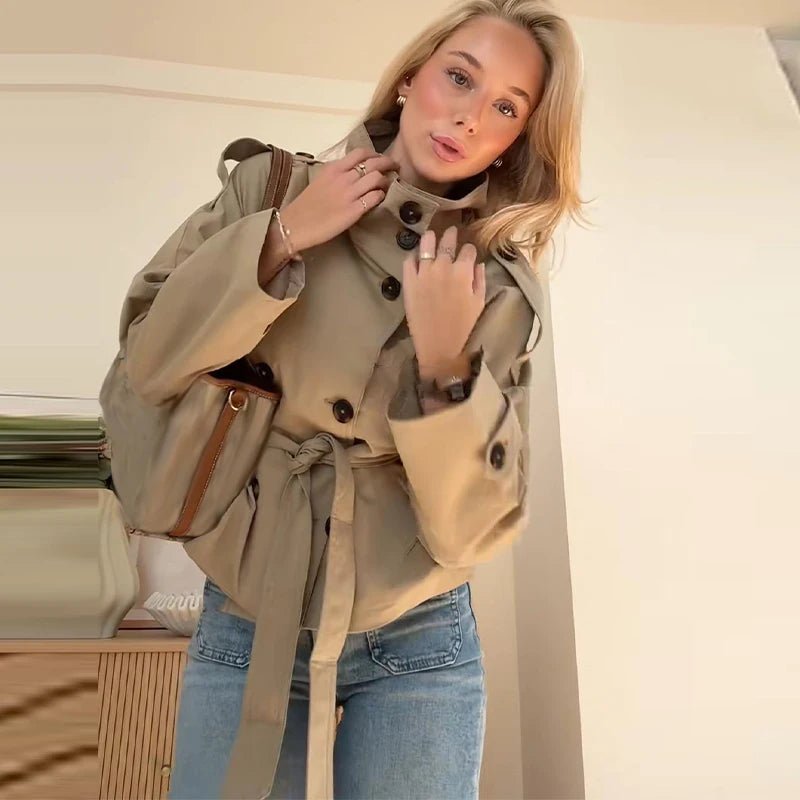 Fashion Belt Short Trench Coat Women Stand Collar Double Breasted Pocket Long Sleeve Coats 2025 Autumn Lady Commute Chic Outwear - MAGUSTA BEAUTY