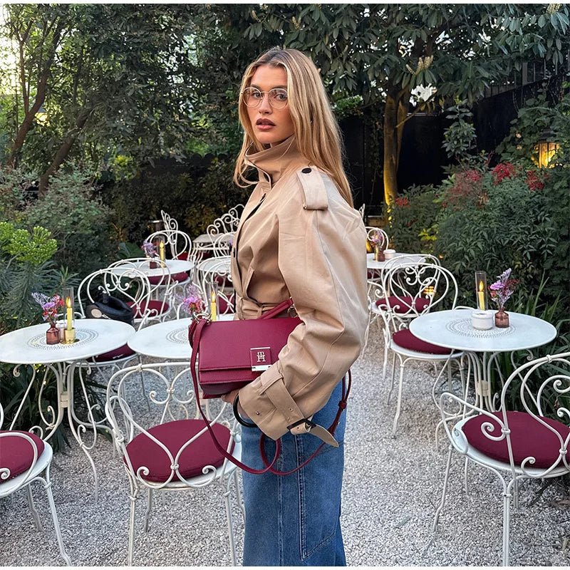 Fashion Belt Short Trench Coat Women Stand Collar Double Breasted Pocket Long Sleeve Coats 2025 Autumn Lady Commute Chic Outwear - MAGUSTA BEAUTY