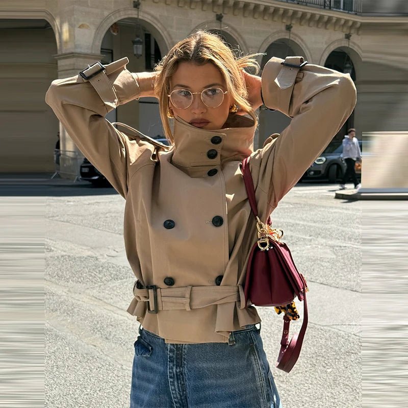 Fashion Belt Short Trench Coat Women Stand Collar Double Breasted Pocket Long Sleeve Coats 2025 Autumn Lady Commute Chic Outwear - MAGUSTA BEAUTY
