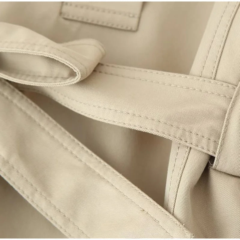 Fashion Belt Short Trench Coat Women Stand Collar Double Breasted Pocket Long Sleeve Coats 2025 Autumn Lady Commute Chic Outwear - MAGUSTA BEAUTY