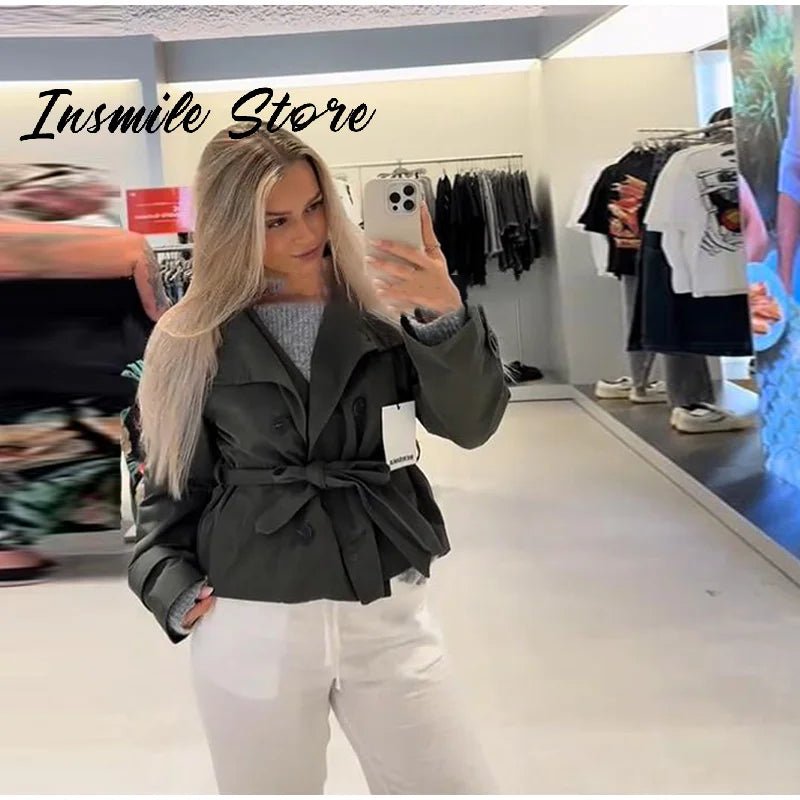 Fashion Belt Short Trench Coat Women Stand Collar Double Breasted Pocket Long Sleeve Coats 2025 Autumn Lady Commute Chic Outwear - MAGUSTA BEAUTY