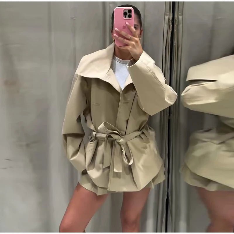 Fashion Belt Short Trench Coat Women Stand Collar Double Breasted Pocket Long Sleeve Coats 2025 Autumn Lady Commute Chic Outwear - MAGUSTA BEAUTY