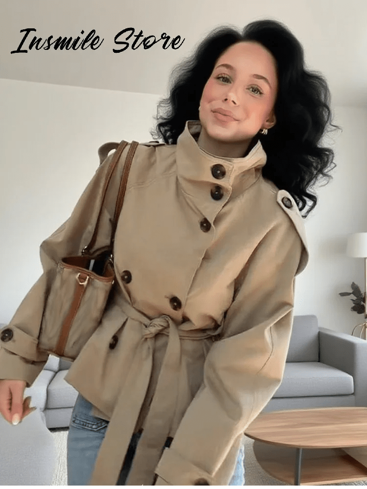 Fashion Belt Short Trench Coat Women Stand Collar Double Breasted Pocket Long Sleeve Coats 2025 Autumn Lady Commute Chic Outwear - MAGUSTA BEAUTY