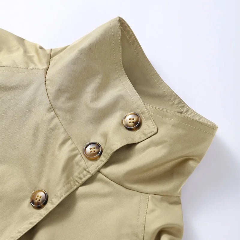 Fashion Belt Short Trench Coat Women Stand Collar Double Breasted Pocket Long Sleeve Coats 2025 Autumn Lady Commute Chic Outwear - MAGUSTA BEAUTY