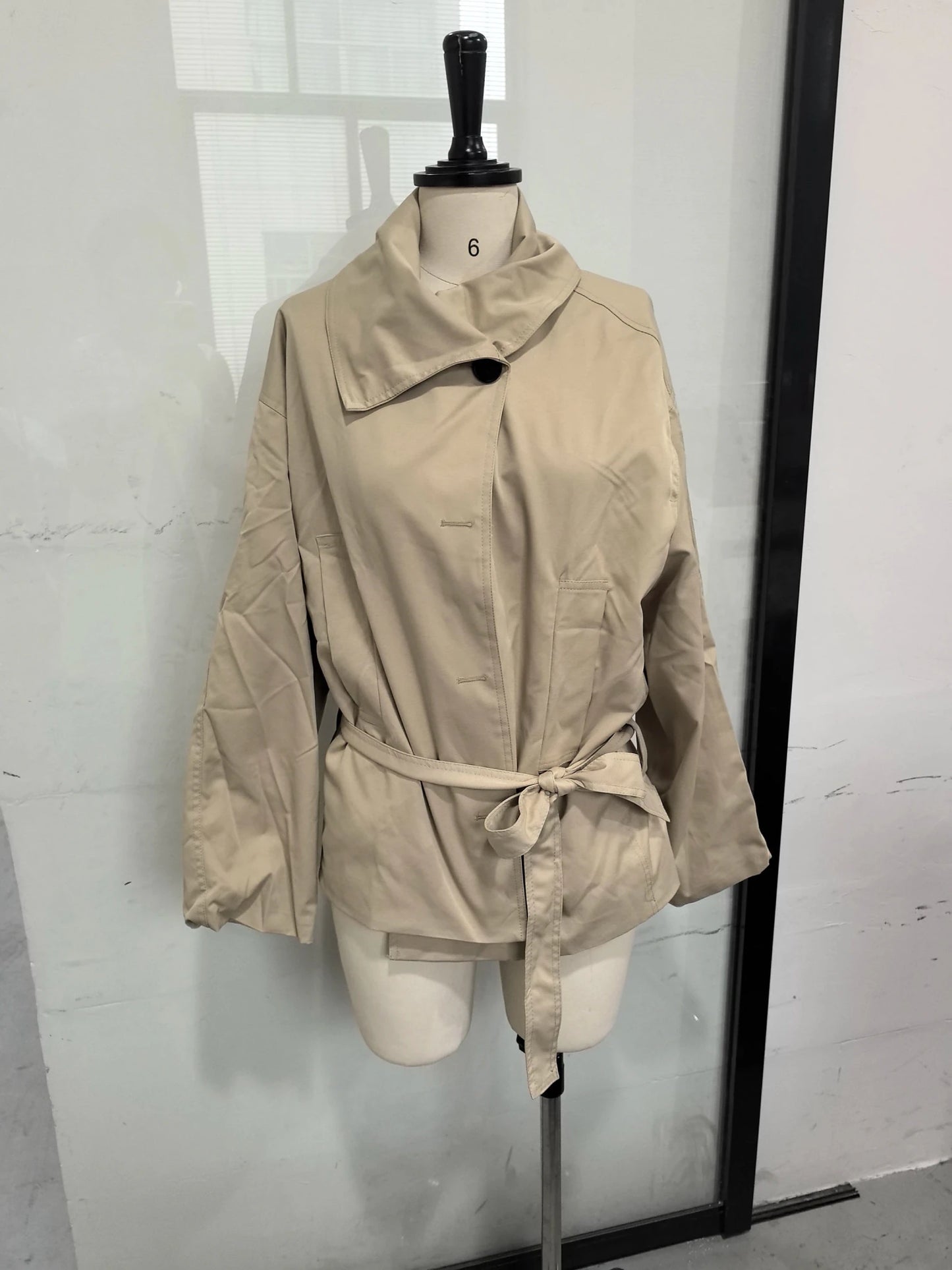 Fashion Belt Short Trench Coat Women Stand Collar Double Breasted Pocket Long Sleeve Coats 2025 Autumn Lady Commute Chic Outwear - MAGUSTA BEAUTY