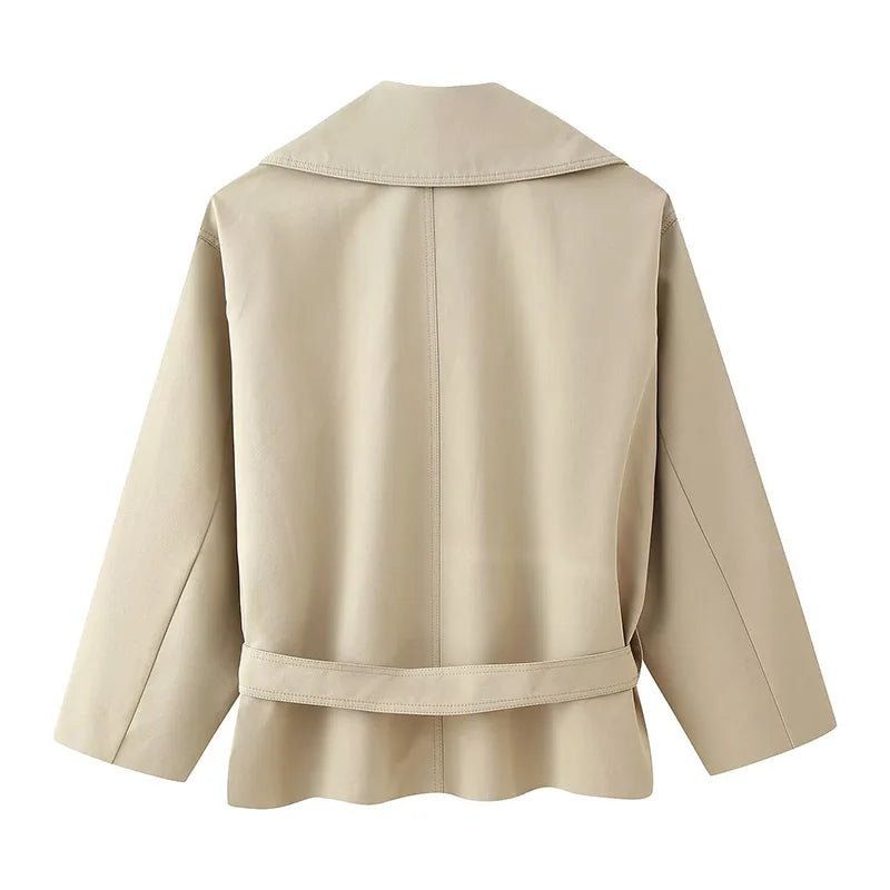 Fashion Belt Short Trench Coat Women Stand Collar Double Breasted Pocket Long Sleeve Coats 2025 Autumn Lady Commute Chic Outwear - MAGUSTA BEAUTY