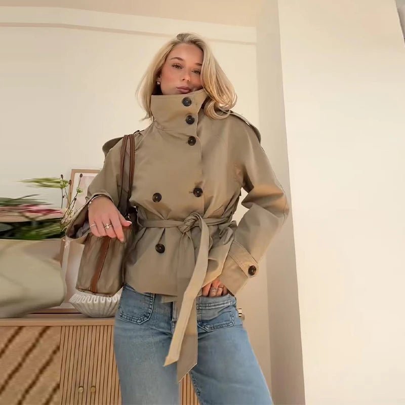 Fashion Belt Short Trench Coat Women Stand Collar Double Breasted Pocket Long Sleeve Coats 2025 Autumn Lady Commute Chic Outwear - MAGUSTA BEAUTY