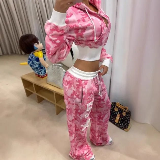 Fashion Y2K sportswear two - piece set women's hip - hop pink camouflage short waist embrace hoodie ultra - thin casual sports pants l - MAGUSTA BEAUTY