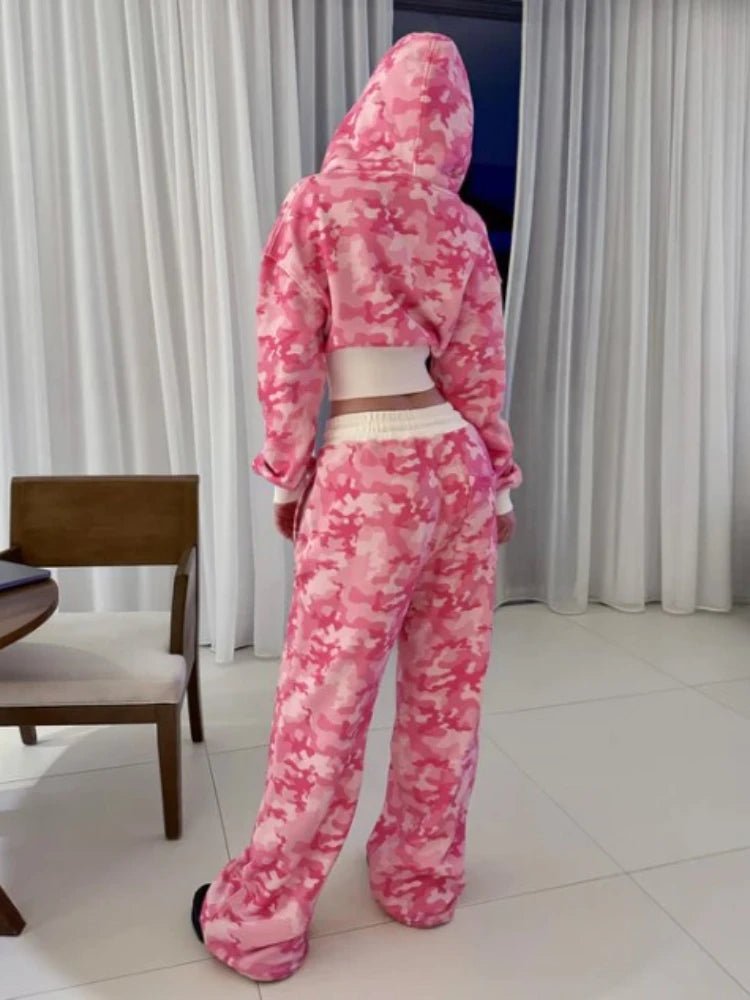 Fashion Y2K sportswear two - piece set women's hip - hop pink camouflage short waist embrace hoodie ultra - thin casual sports pants l - MAGUSTA BEAUTY
