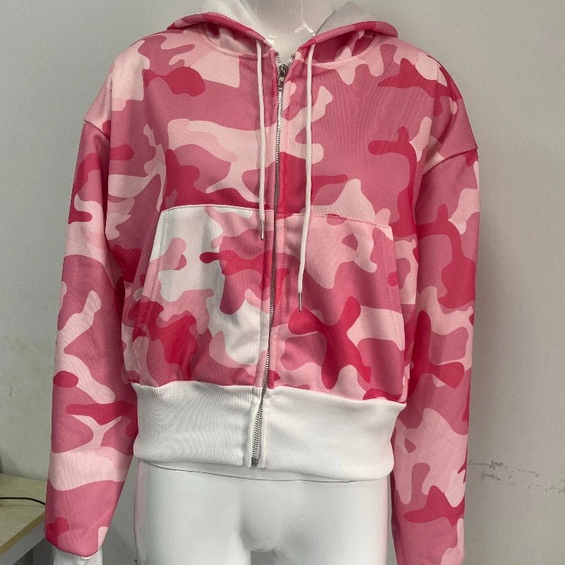 Fashion Y2K sportswear two - piece set women's hip - hop pink camouflage short waist embrace hoodie ultra - thin casual sports pants l - MAGUSTA BEAUTY
