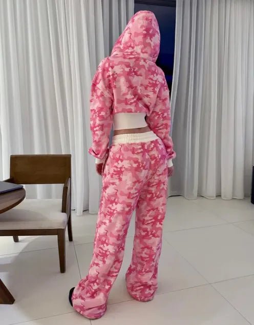 Fashion Y2K sportswear two - piece set women's hip - hop pink camouflage short waist embrace hoodie ultra - thin casual sports pants l - MAGUSTA BEAUTY