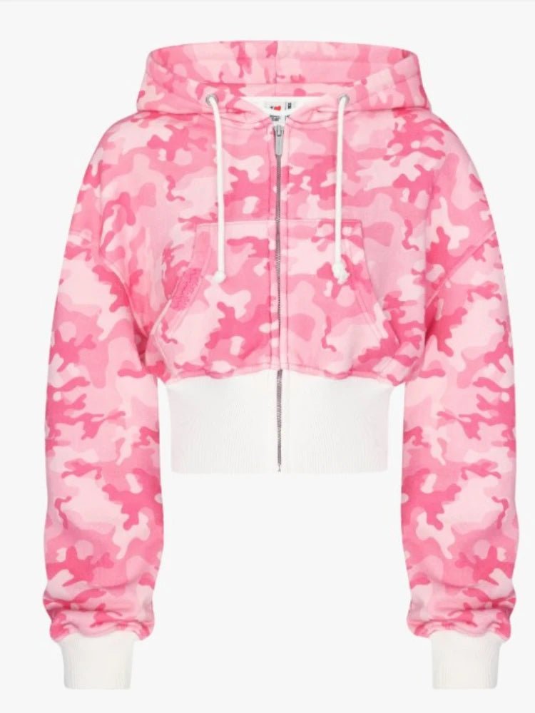 Fashion Y2K sportswear two - piece set women's hip - hop pink camouflage short waist embrace hoodie ultra - thin casual sports pants l - MAGUSTA BEAUTY