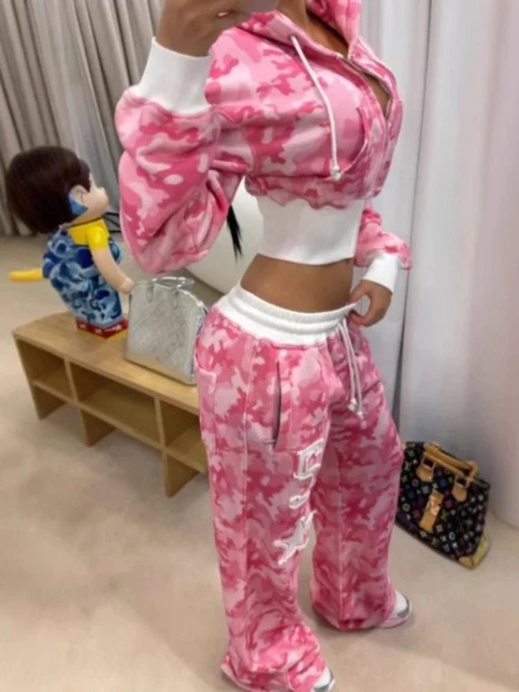 Fashion Y2K sportswear two - piece set women's hip - hop pink camouflage short waist embrace hoodie ultra - thin casual sports pants l - MAGUSTA BEAUTY