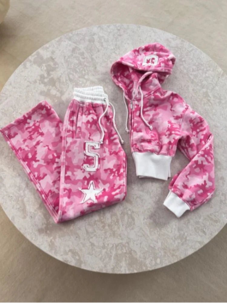 Fashion Y2K sportswear two - piece set women's hip - hop pink camouflage short waist embrace hoodie ultra - thin casual sports pants l - MAGUSTA BEAUTY