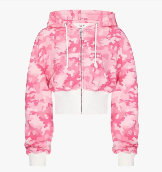 Fashion Y2K sportswear two - piece set women's hip - hop pink camouflage short waist embrace hoodie ultra - thin casual sports pants l - MAGUSTA BEAUTY