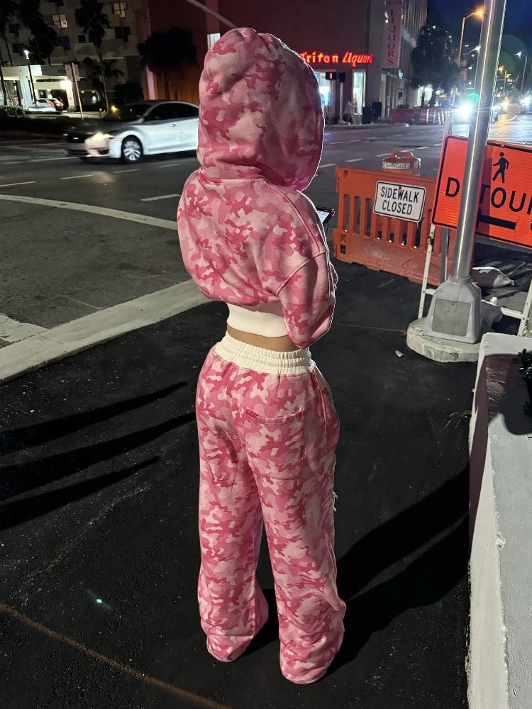 Fashion Y2K sportswear two - piece set women's hip - hop pink camouflage short waist embrace hoodie ultra - thin casual sports pants l - MAGUSTA BEAUTY