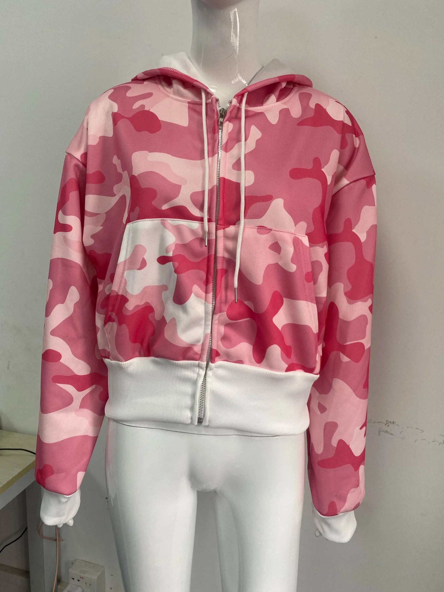 Fashion Y2K sportswear two - piece set women's hip - hop pink camouflage short waist embrace hoodie ultra - thin casual sports pants l - MAGUSTA BEAUTY