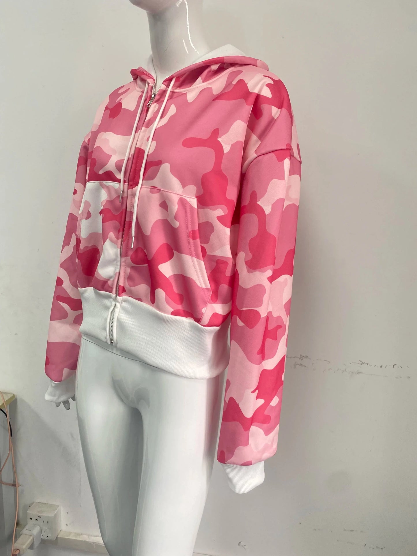 Fashion Y2K sportswear two - piece set women's hip - hop pink camouflage short waist embrace hoodie ultra - thin casual sports pants l - MAGUSTA BEAUTY