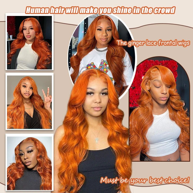 Ginger Orange 13x6 Lace Front Wigs Human Hair 200% Density Body Wave Wig 350 Colored Human Hair Wig Pre Plucked - MAGUSTA BEAUTY